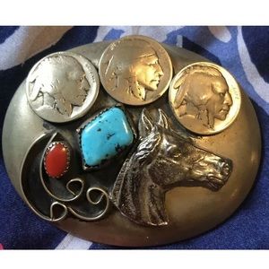 Navajo Belt Buckle Nickle Turquoise And Coral